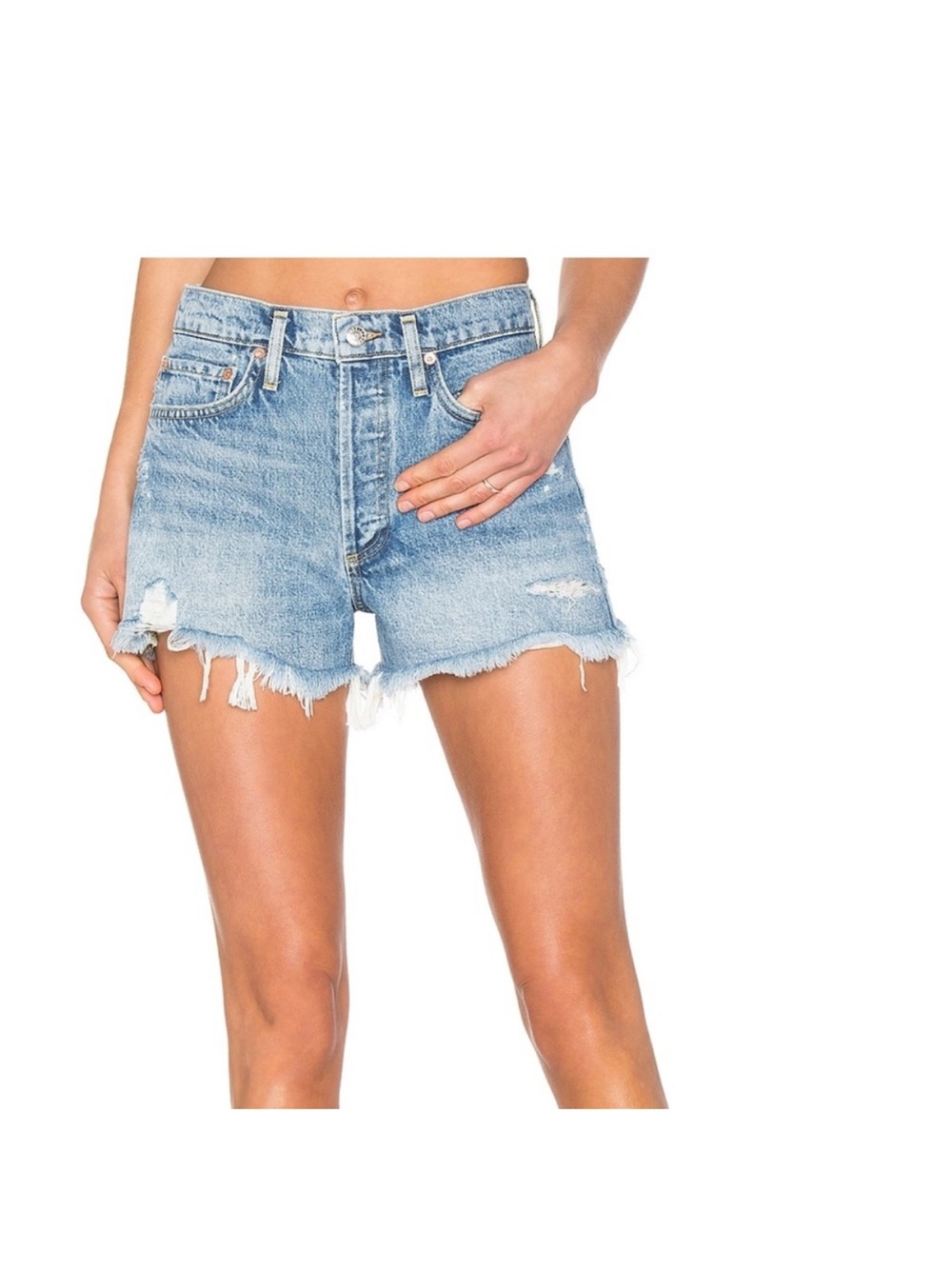 AGOLDE Light Blue Distressed High-Rise Denim Shorts